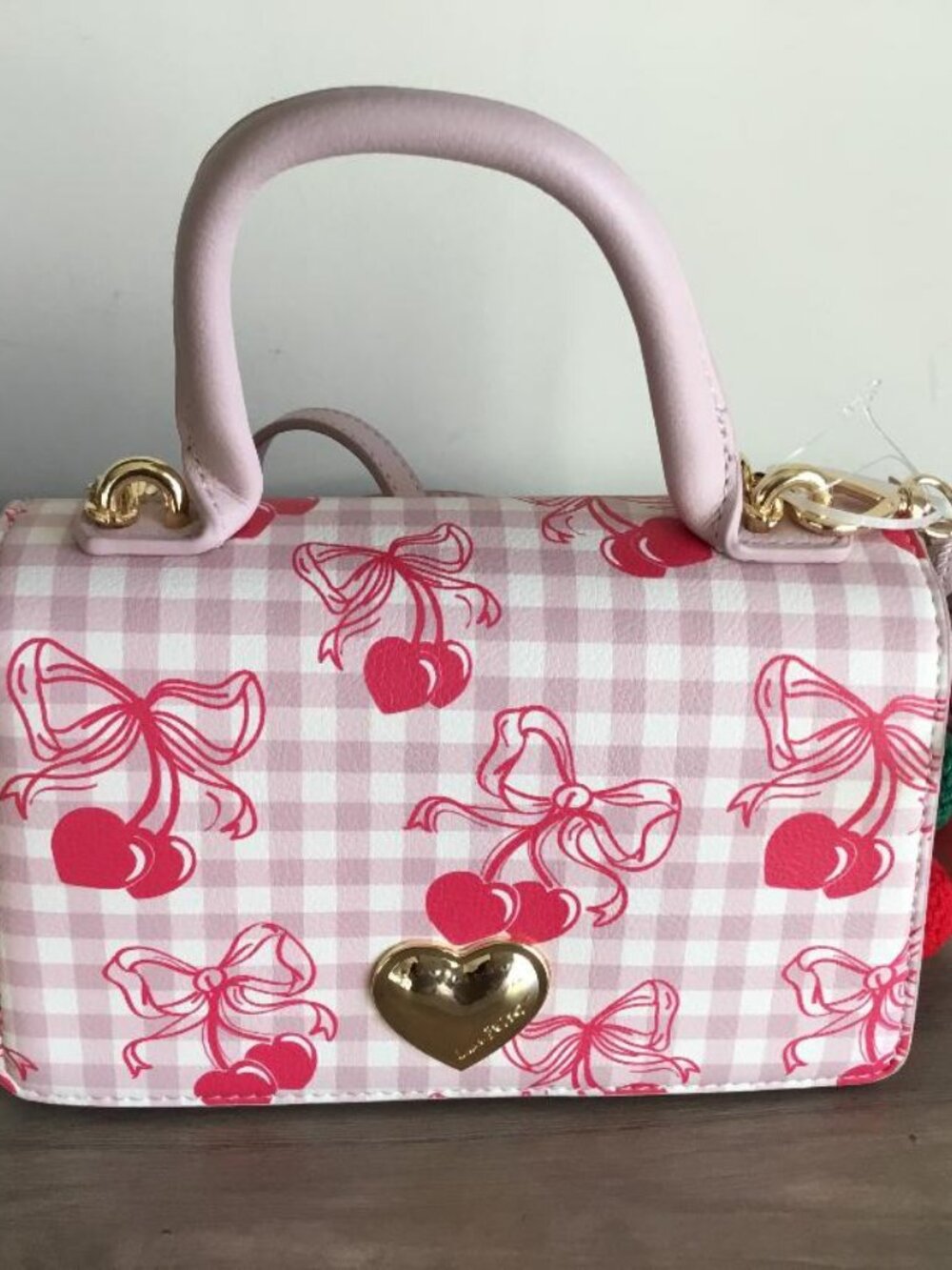 “Luv Betsey” Betsey Johnson Cherry Gingham Satchel Crossbody Handbag w/Cherries - Picture 2 of 8